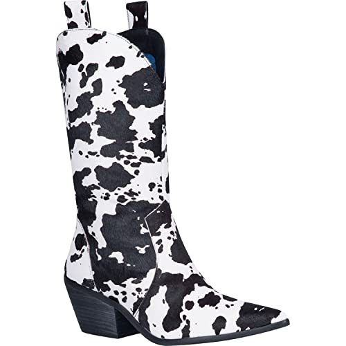 Dingo Womens Live A Cow Pointed Toe Boots Mid Calf Mid Heel 2-3" - Black,White