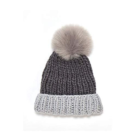 Kyi Kyi Chunky Knit Faux Fur Fleece Lined Pom Beanie Two Tone (Dimgrey)