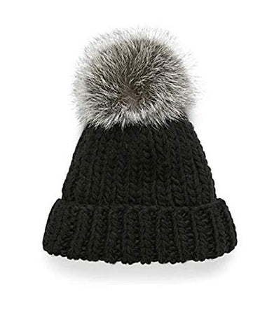 Kyi Kyi Chunky Knit Fox Fur Fleece Lined Pom Beanie (Black/Silver Fox)